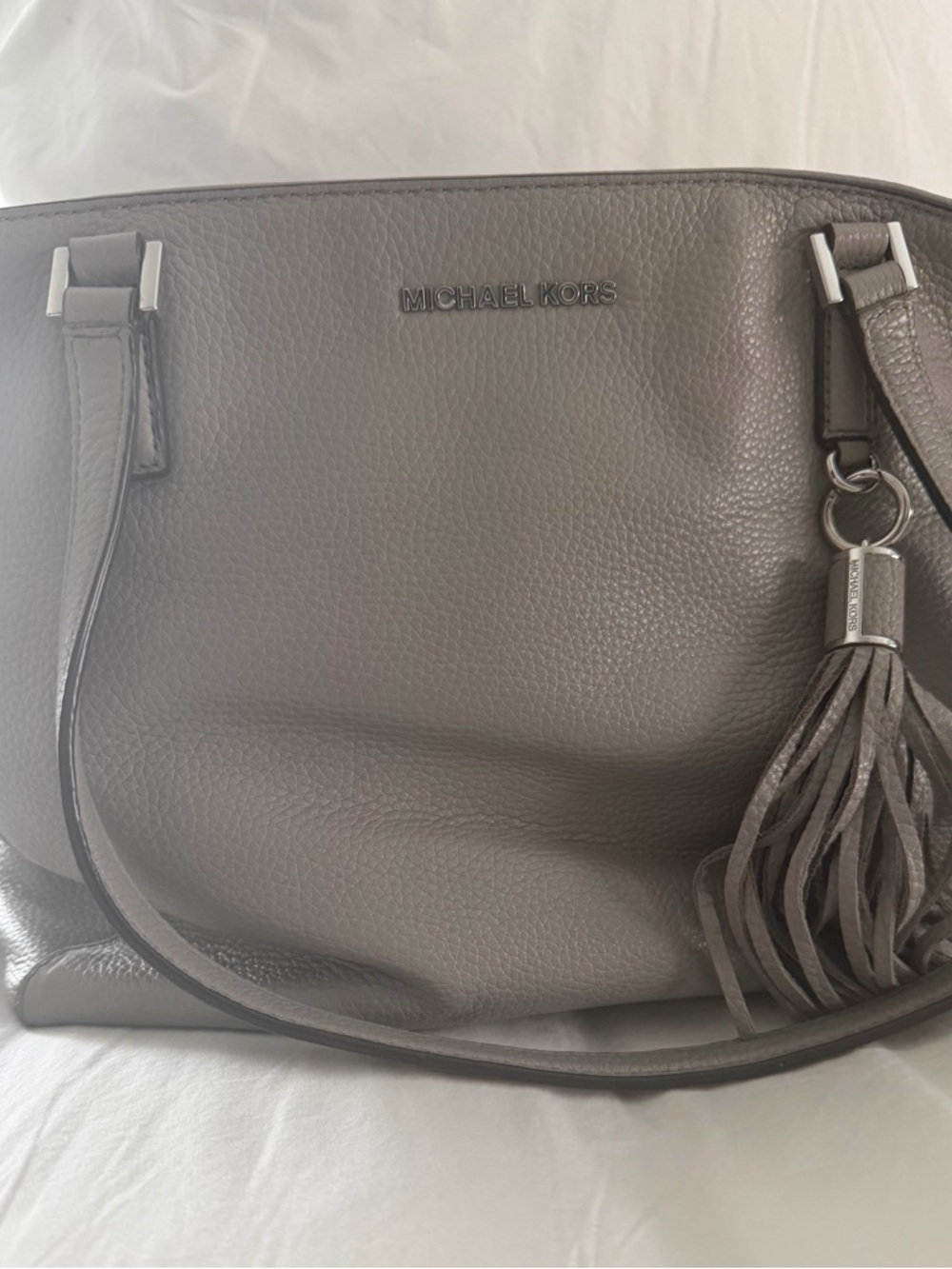 Michael Kors Taupe Pebbled Leather Shoulder Tote with Tassel